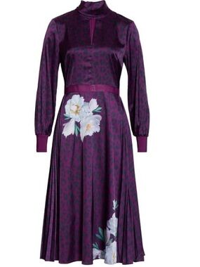 Like New Ted Baker London Purple Floral Midi Leopard Dress with Long Sleeves